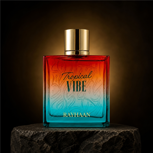 Tropical Vibe — Rayhaan em cenário editorial premium preto e dourado