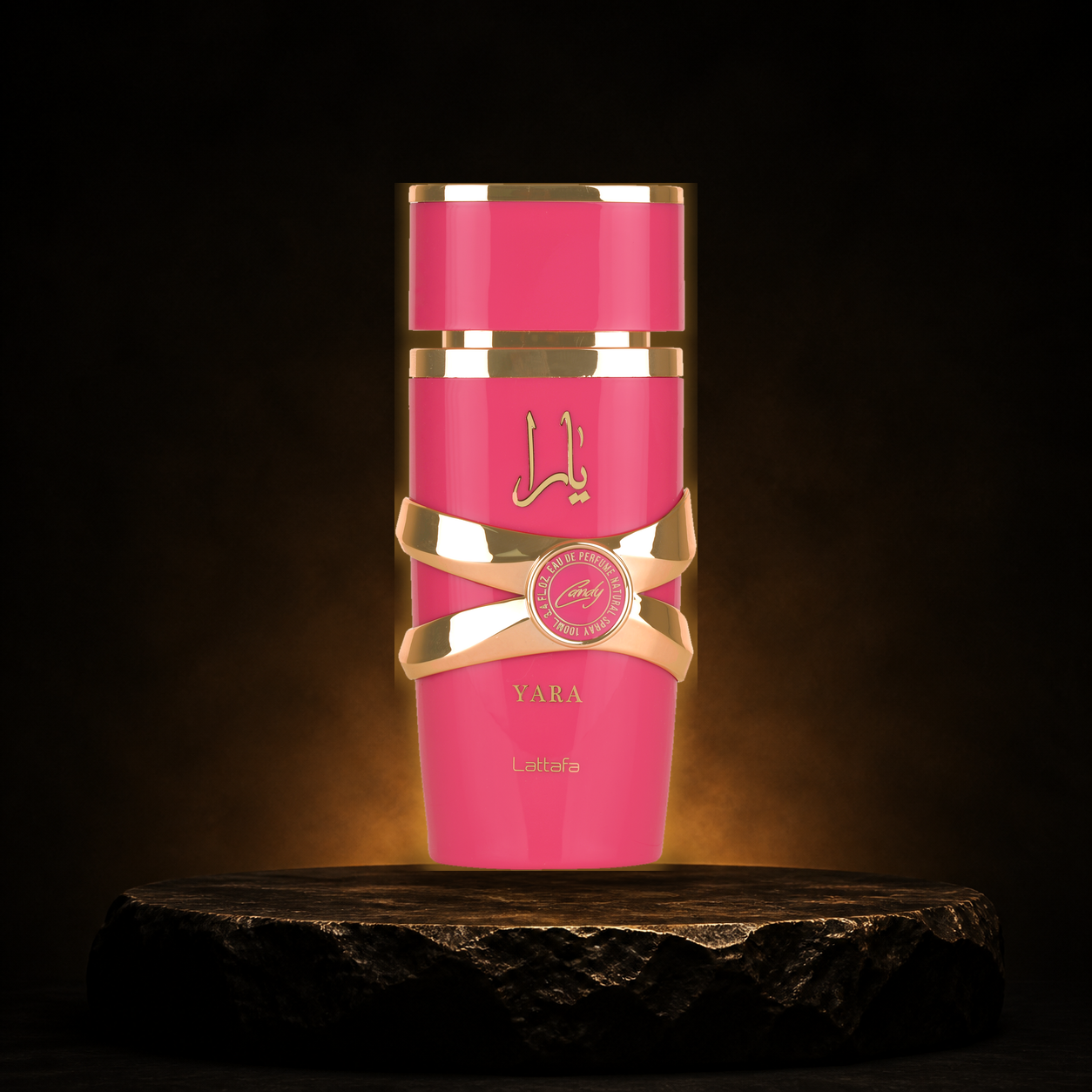 Yara Candy — Lattafa em cenário editorial premium preto e dourado