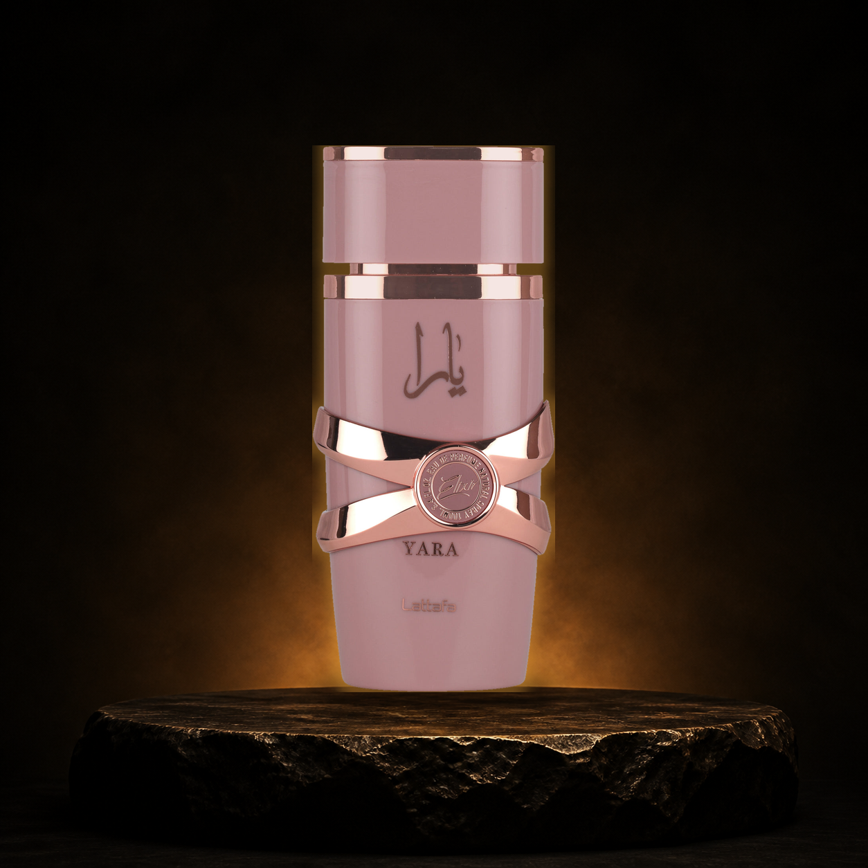 Yara Elixir — Lattafa em cenário editorial premium preto e dourado